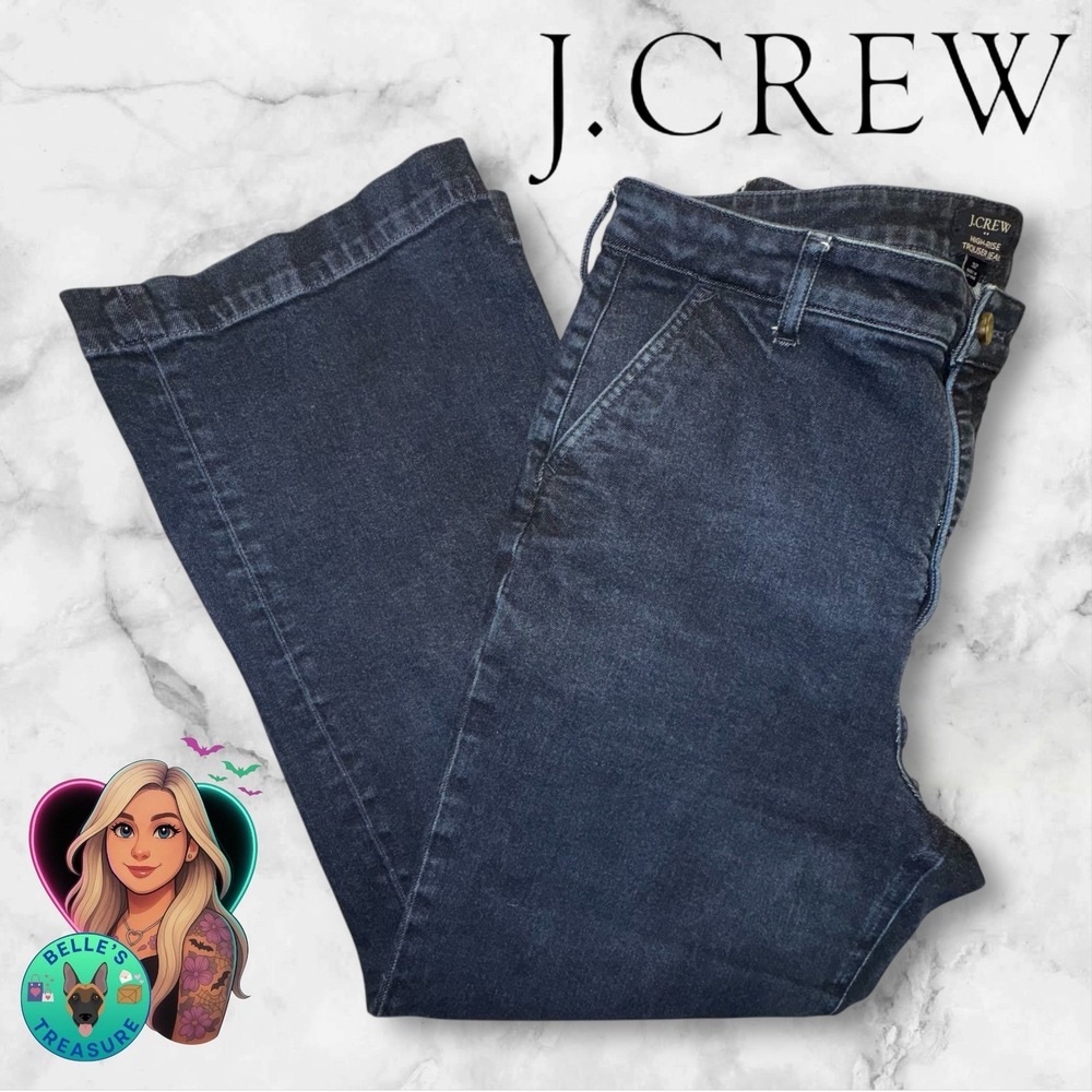 J. Crew High Rise Trouser Jean Women's 32 Dark Wash Wide Leg Denim 33x28 Stretch
